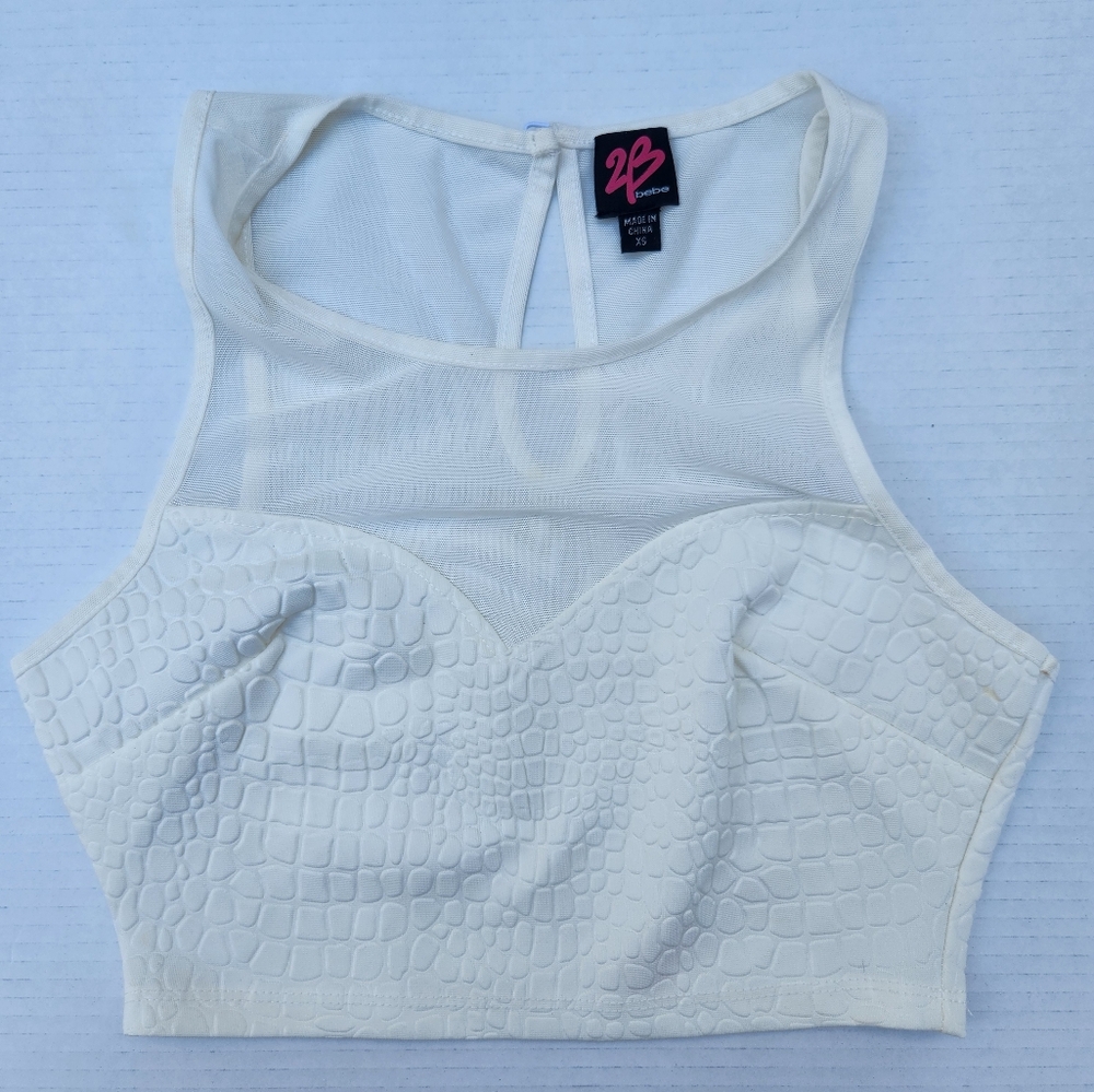 Bebe 2B White Croc Embossed Mesh Crop Top XS | Y2K Clubwear Corset Style